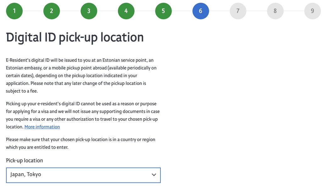 e-Residency申請Step 6の受取場所選択画面。Japan, Tokyoが選ばれている