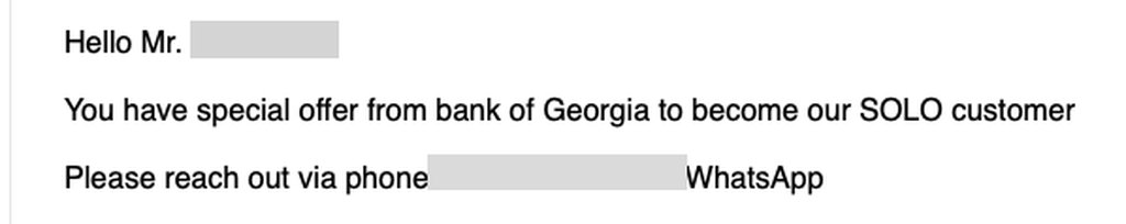 Bank of Georgiaから届いたSOLO顧客への招待メール