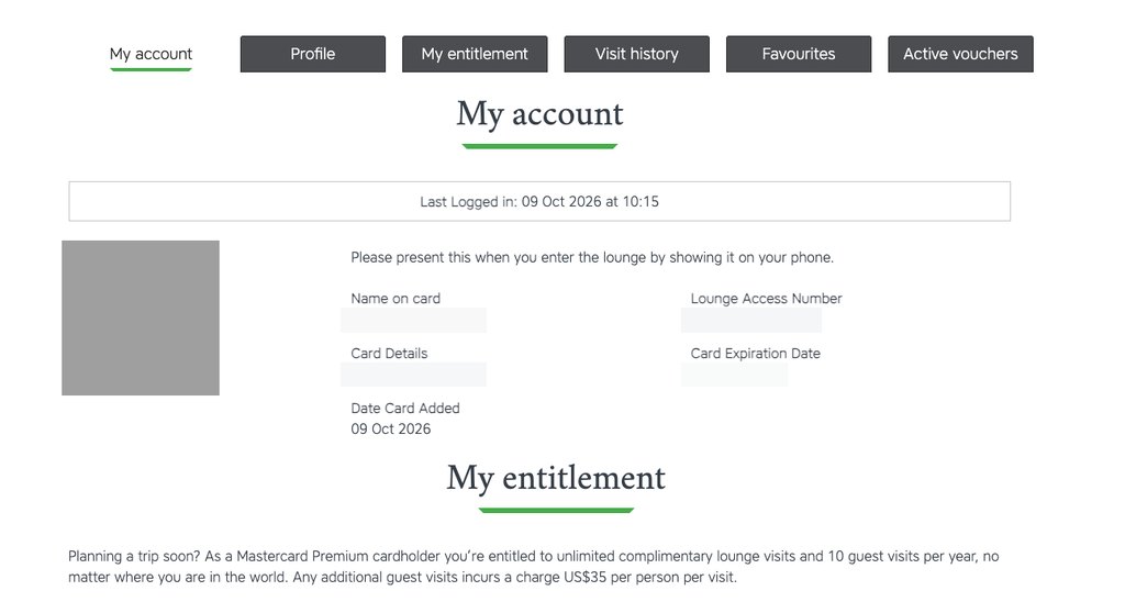 LoungeKeyの会員サイトのマイアカウント画面。Mastercardの特典としてラウンジ無制限と同伴10回が明記されている